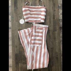 White and light pastel pink striped matching set from a local boutique.